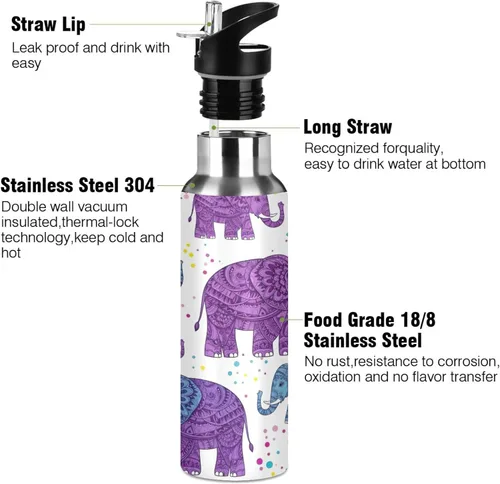 Miniatura 3 de BPA-Free Sport Water Bottle 32 Oz, Insulated Water Bottle for Gym Outdoor Travel School, Cute Purple Elephants Purple Blue