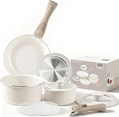 Heapsion Juego de utensilios de cocina antiadherentes de cerámica de 10 piezas, sin PFAS/PFOA/PTFE y no tóxicos, juego de ollas y sartenes con asas