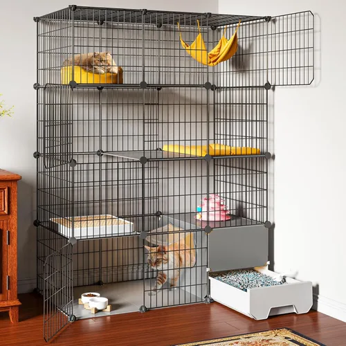 Miniatura 7 de Oneluck Jaula grande para gatos con caja de arena, recintos de bricolaje de 4 niveles, jaula de alambre de metal desmontable, jaula para interiores