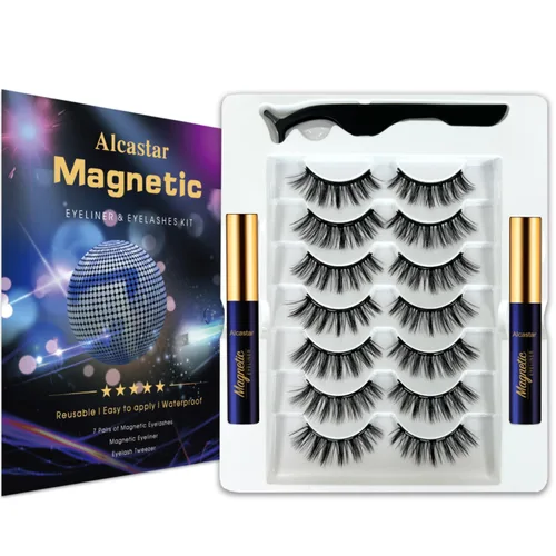 Alcastar Pestañas magnéticas con kit de delineador de ojos, fibra sintética, aspecto natural, impermeable, no requiere pegamento (negro30)