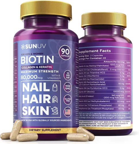 SUNUV Biotina 10,000 mcg | Colágeno | Queratina - 80,000 mcg Vitaminas para el Crecimiento del Cabello para Mujeres y Hombres, Apoyo para la Piel y