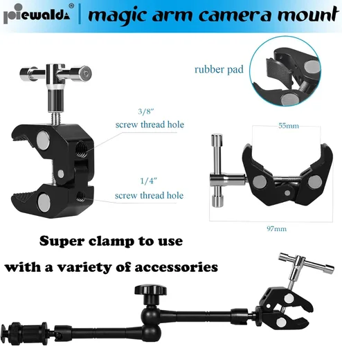 Miniatura 3 de Niewalda Soporte de cámara de brazo mágico, brazo articulado, brazo articulado de fricción ajustable de metal de 11 pulgadas con súper