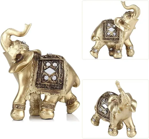 Miniatura 8 de Elegante estatua dorada de elefante, escultura respetuosa con el medio ambiente, fortuna para regalos de decoración del hogar (9 x 9)