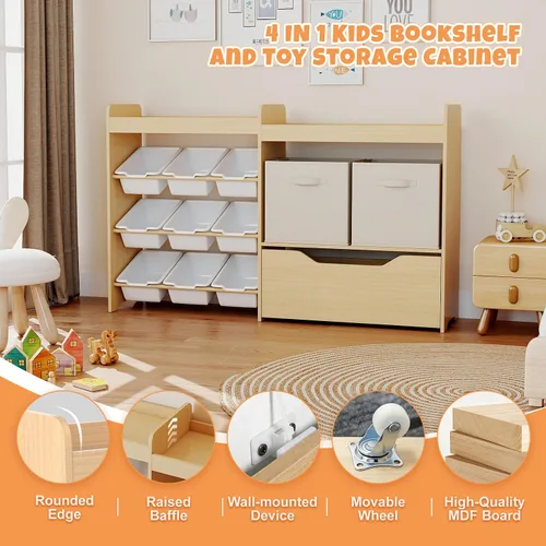 Miniatura 5 de COSVALVE Organizador de almacenamiento de juguetes para niños, organizadores de juguetes de 4 niveles con 2 cubos abiertos, 9 cajas y 2 contenedores
