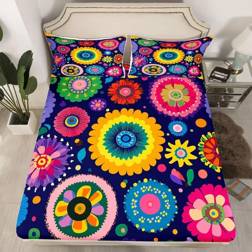 Miniatura 22 de Juego de ropa de cama de flores Groovy de los años 70, sábana bajera ajustable de flores de arco iris para niños y niñas, sábanas de ropa de cama