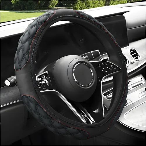 Miniatura 10 de povtii Funda para volante de automóvil, 15 pulgadas, cuero antideslizante, protector de volante de automóvil, alfombrillas de funda suave universal