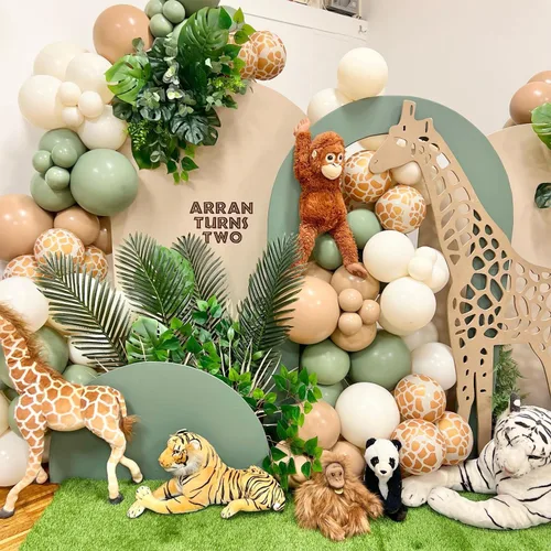 Miniatura 5 de Kit de arco de guirnalda de globos de selva safari para decoración de fiesta de cumpleaños Wild One, 157 globos verde salvia marrón con globos