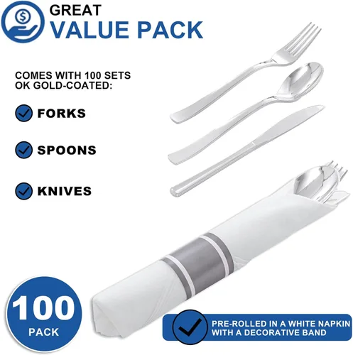 Miniatura 4 de 400 piezas de cubiertos de plástico plateado preenrollados - Cubiertos de plata resistentes - Incluye 100 paquetes de utensilios desechables Plata