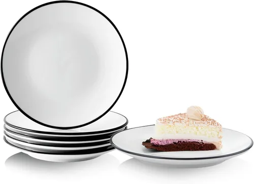 YOLIFE Juego de 6 platos pequeños de porcelana para postre, platos de cerámica con borde negro de 6 pulgadas, platos para servir aperitivos para