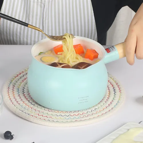 Miniatura 3 de Olla de leche pequeña beige de 1.2L con tapa lindo mango de madera hogar sartén antiadherente leche caliente bebé suplemento de alimentos olla