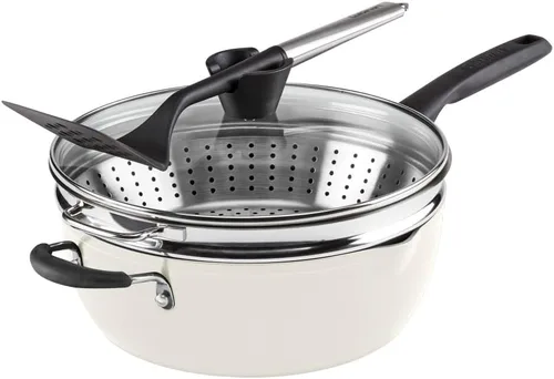 Juego de sartenes de 4 piezas Cuisinart Preferred - Crème de la Creme (sartén multiusos de 4.5 cuartos con tapa, vaporizador, volteador ranurado)