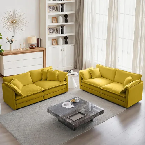 Miniatura 9 de mikibama Juego de sofá biplaza y sillón de lujo de 2 piezas, moderno juego de sofás nube tapizados de chenilla con 5 almohadas para sala de estar