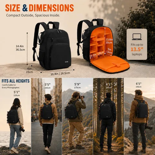 Miniatura 3 de Mochila para cámara DSLR/SLR/sin espejo, funda impermeable profesional para cámara de 11 x 5.9 x 15 pulgadas para fotógrafos, gris, negro, naranja