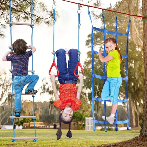 Miniatura 4 de Dripex - Carrera de obstáculos ninja warrior de 50 pies para niño con accesorios completos, columpio, trapecio, escalera de cuerda, red