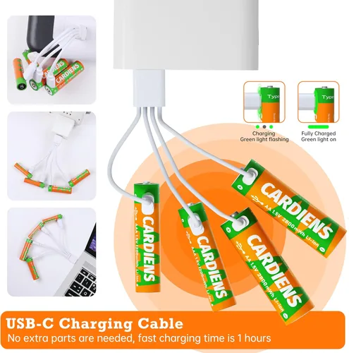 Miniatura 2 de Paquete combinado de baterías AA y AAA, batería recargable USB, baterías dobles A y triple A de 1.5 V con cable de carga USB-C 4 en 1 e indicador