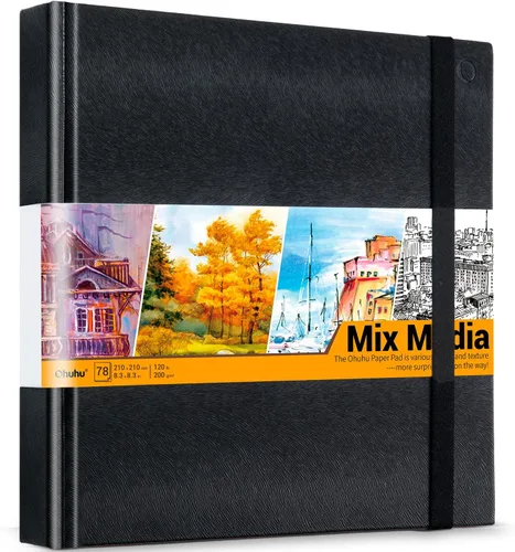 Miniatura 9 de Ohuhu Mix Media Pad - Cuaderno de bocetos de arte mixto de 10 x 7.4 pulgadas, papel pesado de 120 lb/200 g/m², 78 hojas/156 páginas, almohadilla