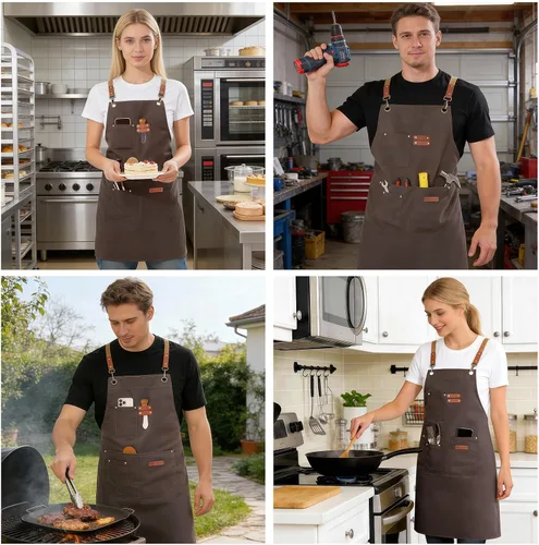 Miniatura 6 de Delantales de chef para hombres y mujeres con 4 bolsillos grandes, lona de algodón con espalda cruzada, delantal ajustable para trabajo, parrilla