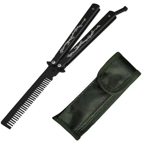 Miniatura 4 de cuchillo mariposa de acero inoxidable con tótem de dragón, entrenador con peine (negro)