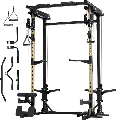 MAJOR FITNESS Drone3 Power Rack, banco de sentadillas para gimnasio en casa de 2500lbs multifunción con sistema de polea doble, barra de tracción y
