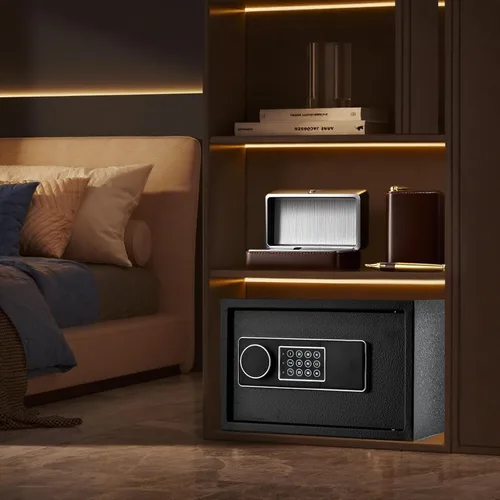 Miniatura 7 de Caja fuerte pequeña de 1.3 pies cúbicos para el hogar, caja de seguridad con bolsa ignífuga, teclado digital, llaves de repuesto y sistema