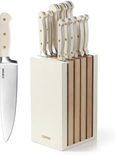 CAROTE Juego de 11 piezas de cuchillos con bloque para cocina, hoja de acero inoxidable ultra afilada, mango ergonómico triple remachado, bloque