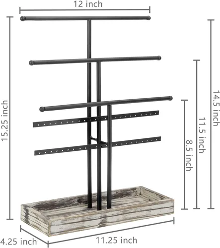 Miniatura 4 de MyGift - Estante organizador de joyería de metal negro de 3 niveles con collar y barras en T perchas para pendientes y bandeja de madera para anillos