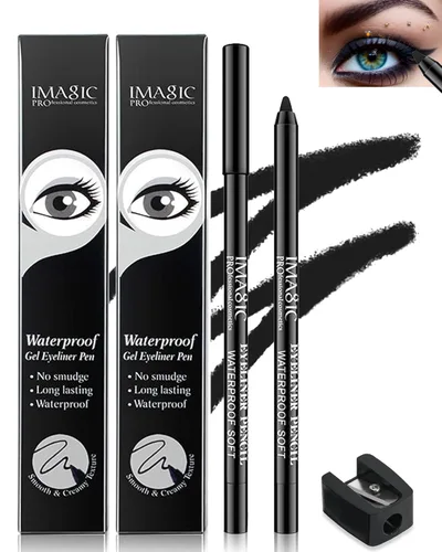 Lápiz delineador de ojos de gel a prueba de manchas negro impermeable con sacapuntas, a prueba de decoloración, lápiz delineador de ojos suave, 2