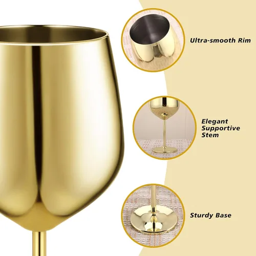 Miniatura 3 de Didaey Paquete de 12 copas de vino de acero inoxidable con tallo dorado de 9 onzas, vasos irrompibles portátiles de metal inastillables, vasos