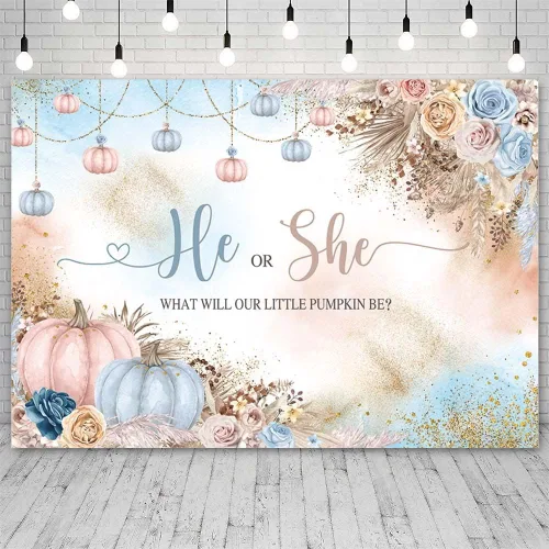 Miniatura 2 de AIBIIN Telón de fondo de revelación de género de 7 x 5 pies con texto en inglés "He or She What Will Our Little Pumpkin Be Background", color rosa