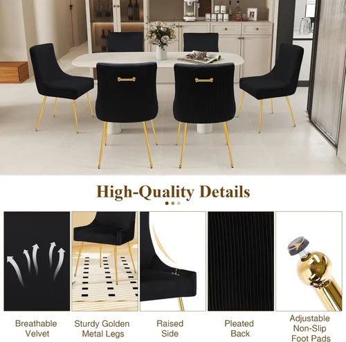 Miniatura 6 de adochr Juego de 2 sillas de comedor modernas con patas de metal dorado, silla de cocina tapizada de terciopelo, respaldo plisado, silla decorativa