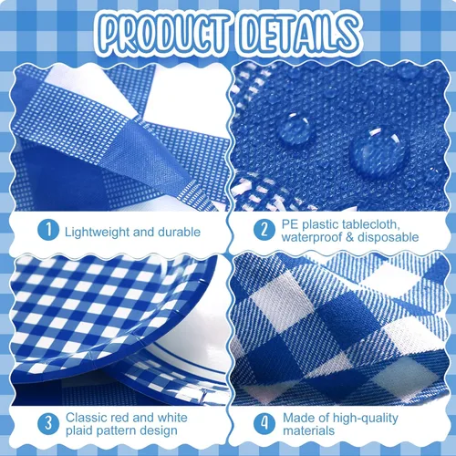 Miniatura 3 de Buryeah 205 piezas de suministros de fiesta azul y blanco para 25 invitados, mantel a cuadros a cuadros, banderines de papel, platos, servilletas