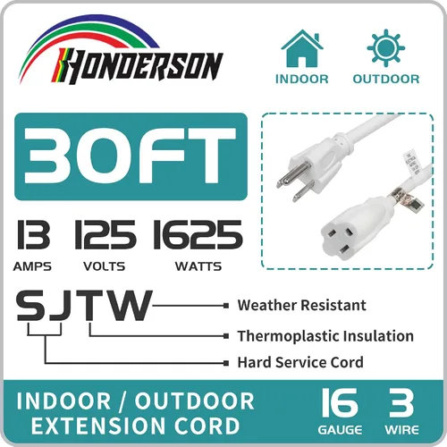 Miniatura 3 de Cable de extensión para interiores y exteriores, resistente a la intemperie, certificación UL, calibre 16, 30 pies, color blanco, 3 clavijas