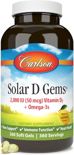 Miniatura 5 de Carlson - Gemas solares D, suplemento de vitamina D3 y Omega-3, 2000 UI (50 mcg) de vitamina D3, 115 mg de Omega-3 EPA y DHA Suplemento, capturado