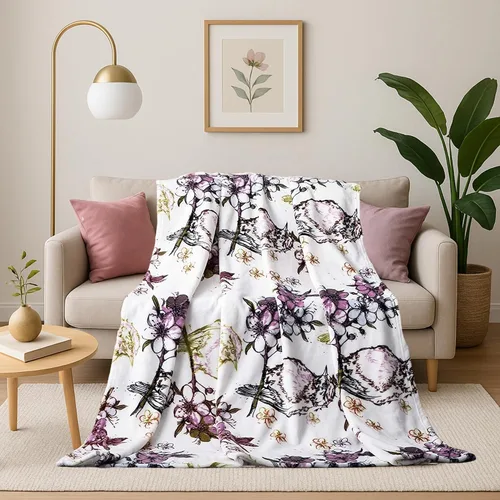 DaDa Bedding - Manta de forro polar de visón sintético con estampado floral morado, franela de felpa ultrasuave, estampado de pájaros de jardín,