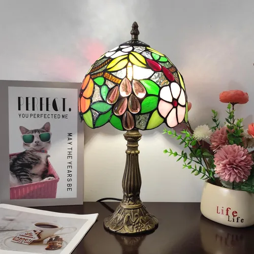 Lámpara de Mesa Tiffany de 3 Vías Estilo Tiffany Lámpara de Escritorio Pequeña Lámpara de Vidrio Emplomado Luz Antigua Lámpara de Mesita de Noche