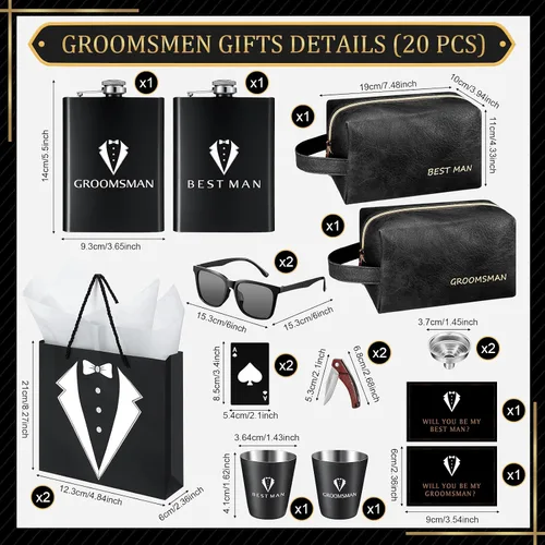 Miniatura 2 de 20 piezas de regalos para padrinos de novio, caja de propuesta con matracas, gafas de sol, bolsa de aseo de cuero PU, abridor de botellas