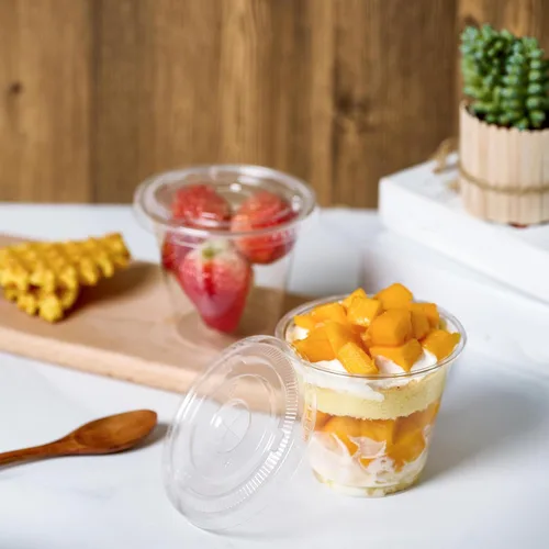 Miniatura 5 de Vplus Paquete de 200 vasos de plástico PET de 9 onzas con tapas planas, vasos de plástico desechables de cristal para parfait, frutas, postres