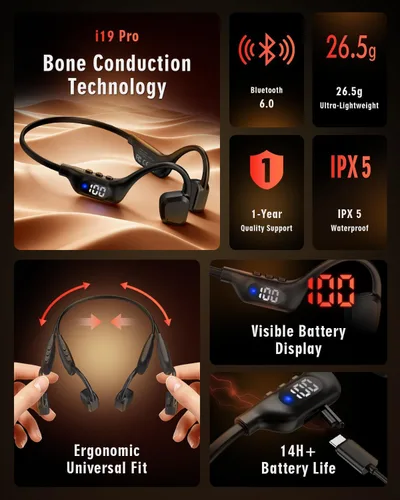 Miniatura 2 de Bone Conduction Headphones, 14H Playtime Bluetooth 6.0 Open-Ear Earbuds with Mic, IPX5 Waterproof Lightweight Headset, Wireless Sport Earphones for