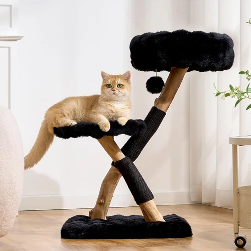 Miniatura 12 de Árbol para gatos de madera natural para gatos adultos de interior, torre de gatos moderna de 33 pulgadas con cama de felpa súper suave y percha