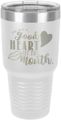 Miniatura 22 de Taza de viaje de acero con recubrimiento de polvo grabado por láser, con texto en inglés "IVE GOT A GOOD HEART BUT THIS MOUTH Engraved 30oz Taza
