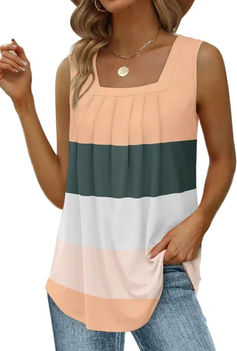 Miniatura 41 de Saloogoe - Camisetas sin mangas veraniegas para mujeres, plisadas con cuello cuadrado y dobladillo curvado, blusas de ajuste holgado con movimiento