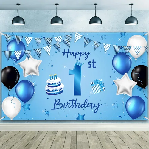 Cartel de fondo de feliz primer cumpleaños azul para recién nacidos, fondo de fotografía para primer cumpleaños, suministros de decoración de fiesta