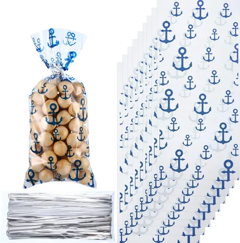 Blulu 100 bolsas de celofán con anclajes náuticos, regalo de fiesta, bolsas de golosinas náuticas sellables con 100 lazos de regalo para cruceros,
