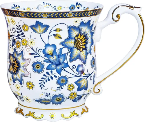 Taza de café vintage con estampado de flores en relieve, taza de café retro de porcelana de alta calidad de 11.8 onzas para café, té, leche, Azul