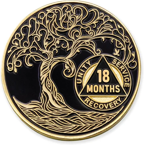 Miniatura 126 de 20 Year Sobriety Mint Twisted Tree of Life - Medallón de recuperación AA chapado en oro, fichas y fichas, color negro