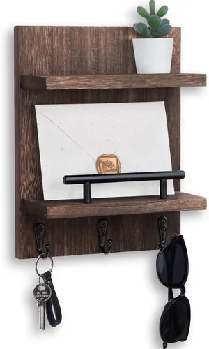 Miniatura 12 de Soporte de pared para llaves, decoración de estante de correo con 3 ganchos para llaves, organizador de pared de madera versátil para entrada