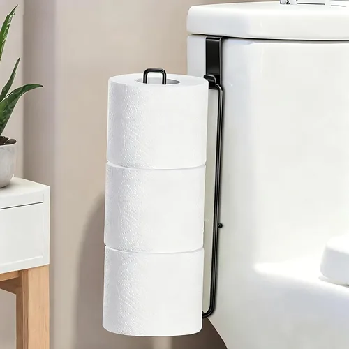 Soporte de papel higiénico negro con almacenamiento extra de 3 rollos de papel higiénico, soporte de pared para colocar sobre el tanque, soporte 1