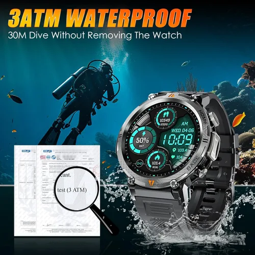 Miniatura 3 de EIGIIS Reloj inteligente militar para hombre, táctico, resistente, con linterna de llamada Bluetooth, pantalla grande de 1.45 pulgadas, monitor