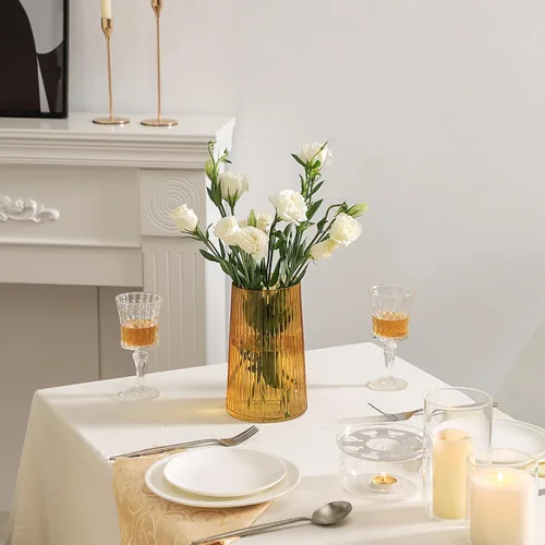Miniatura 3 de Jarrón de vidrio ámbar para flores, florero para ramo, jarrones de vidrio modernos, jarrones acanalados para sala de estar, dormitorio, mesa