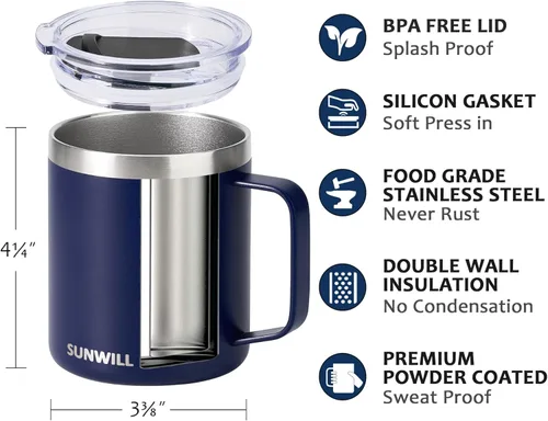Miniatura 3 de SUNWILL - 2 tazas de café de 14 onzas, con aislamiento al vacío de doble pared, recubrimiento en polvo y con tapa; para exteriores, campamento